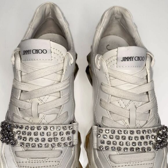 Jimmy Choo Diamond X Strap/F White Leather Low Top Crystal Sneakers EU 40 US 10 - Picture 8 of 9
